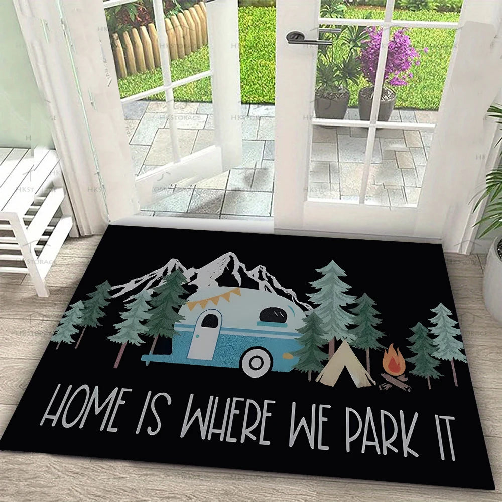 tapis sol antidérapant résistant bactéries moderne bleu noir gris orange vintage nature textes forêt