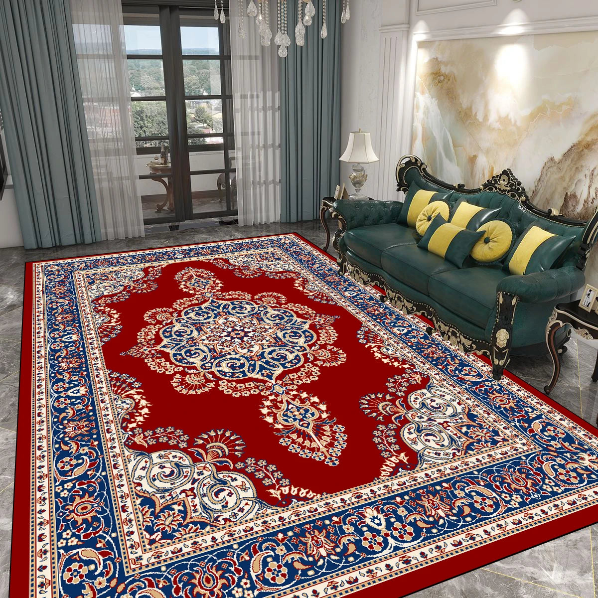Un riche tapis persan aux motifs floraux et ornements bleus et rouges, décorant une pièce élégante avec un canapé en cuir vert et des accessoires de style victorien.