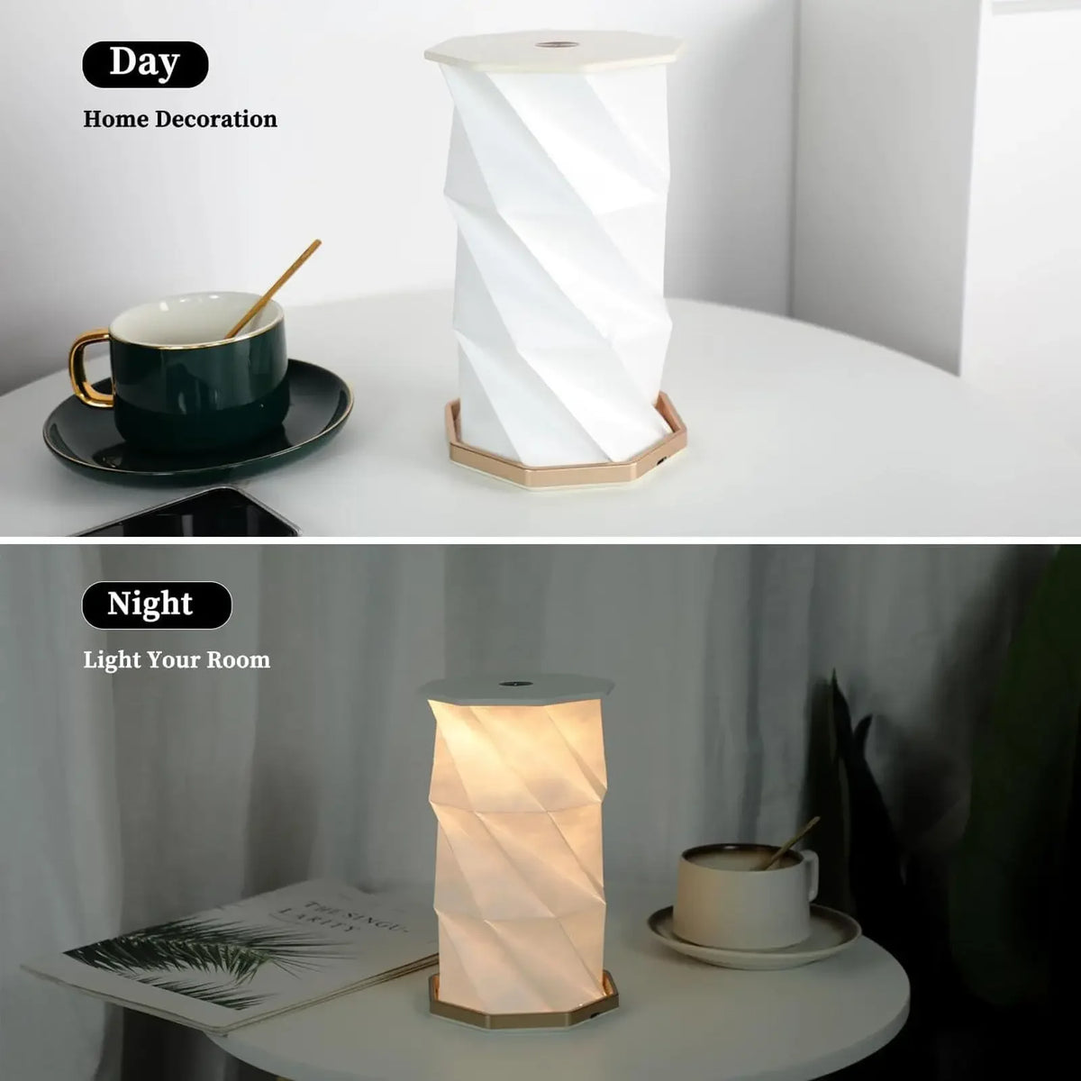 lampe pliable rotative blanc origami minimaliste base octogonale veilleuse ambiance recharge usb tactile