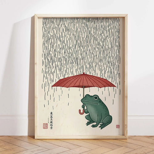 affiche imprimée grenouille art japonais illustration feuille motif pluie opaque vert rouge gris beige
