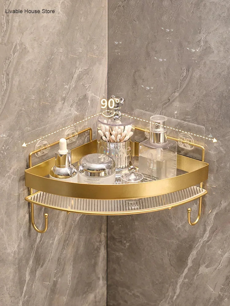 étagère salle bain dorée grille métal moderne fixée suction rangement produits toilette crochet
