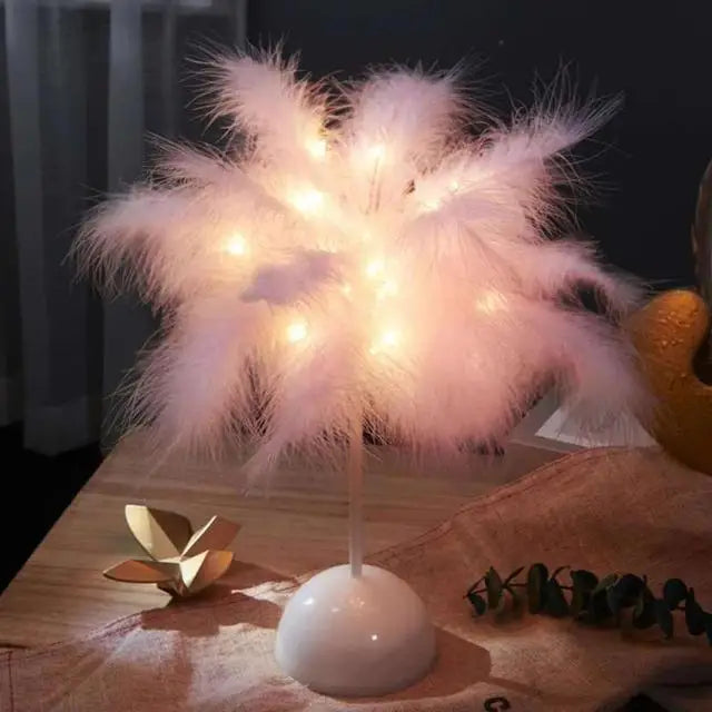 lampe arbre plumes guirlande led rose blanche dorée décoration bohème moderne chambre