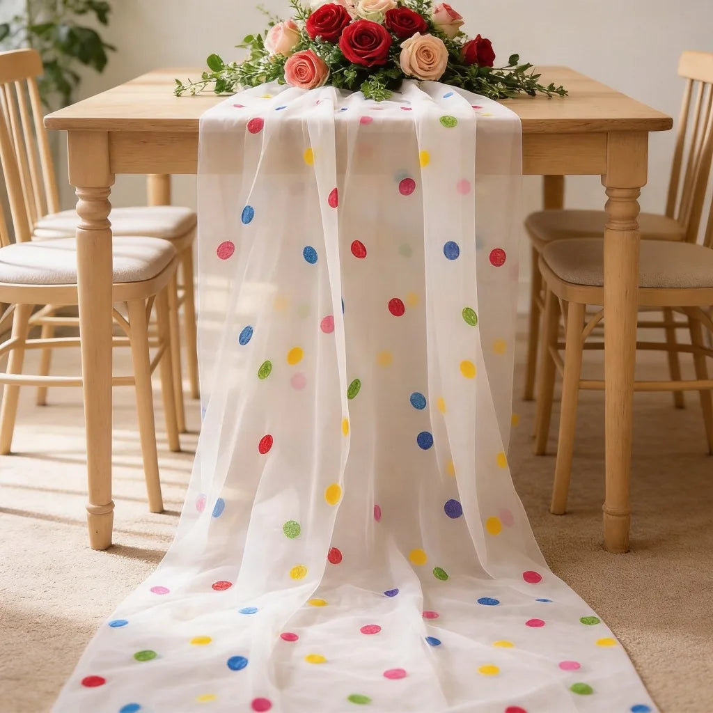 nappe tulle pois colorés transparente table festive mariage anniversaire fete thème carnavalesque