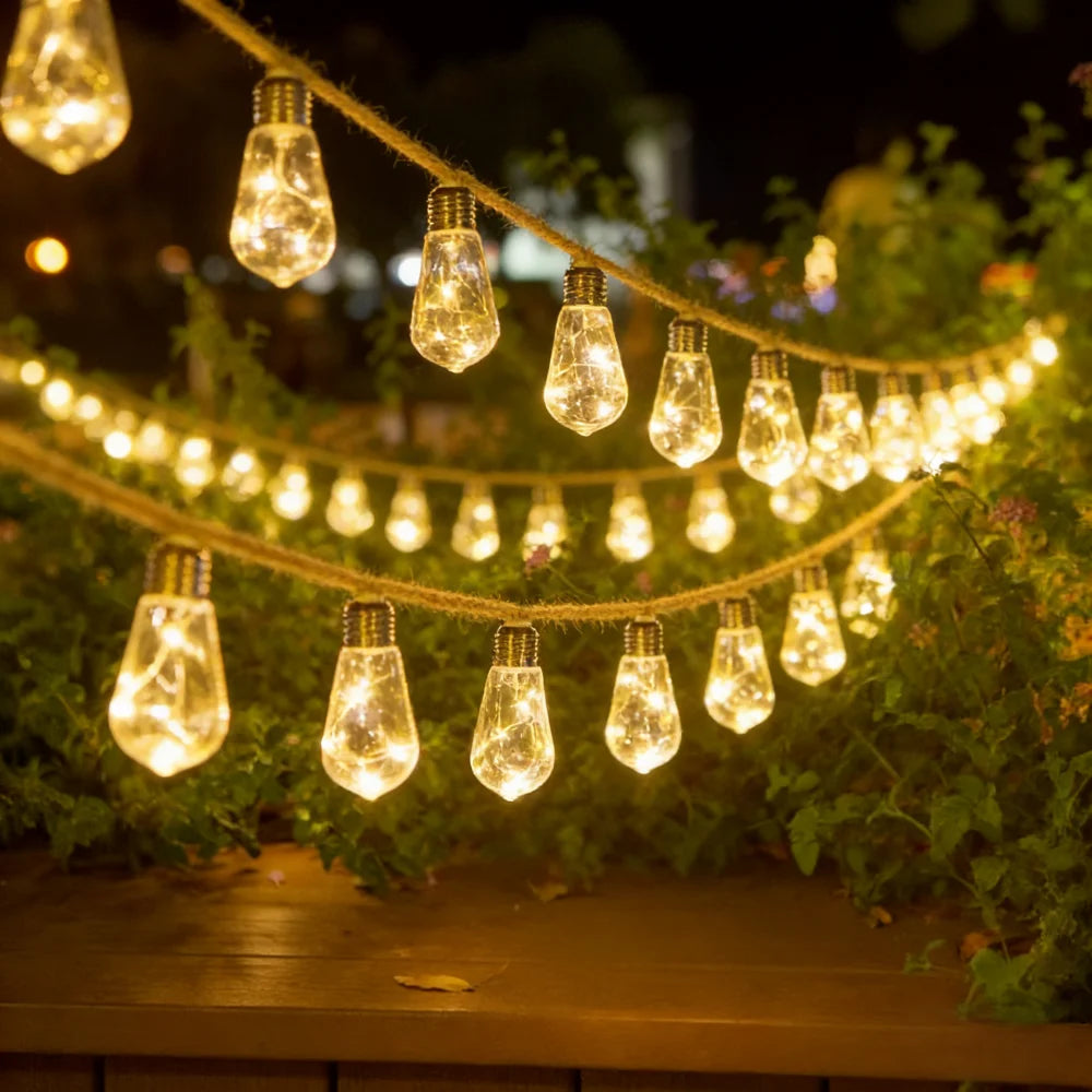guirlande lumineuse solaire transparente vintage 10 led blanc doré bleu vert rose festiveextérieur Bohême