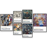 La collection d'affiches met en valeur les styles distinctifs de plusieurs artistes célèbres tels que Kazimir Malevich, Bogomazov, Alice Bailly et Umberto Boccioni, offrant un aperçu de leurs œuvres emblématiques.