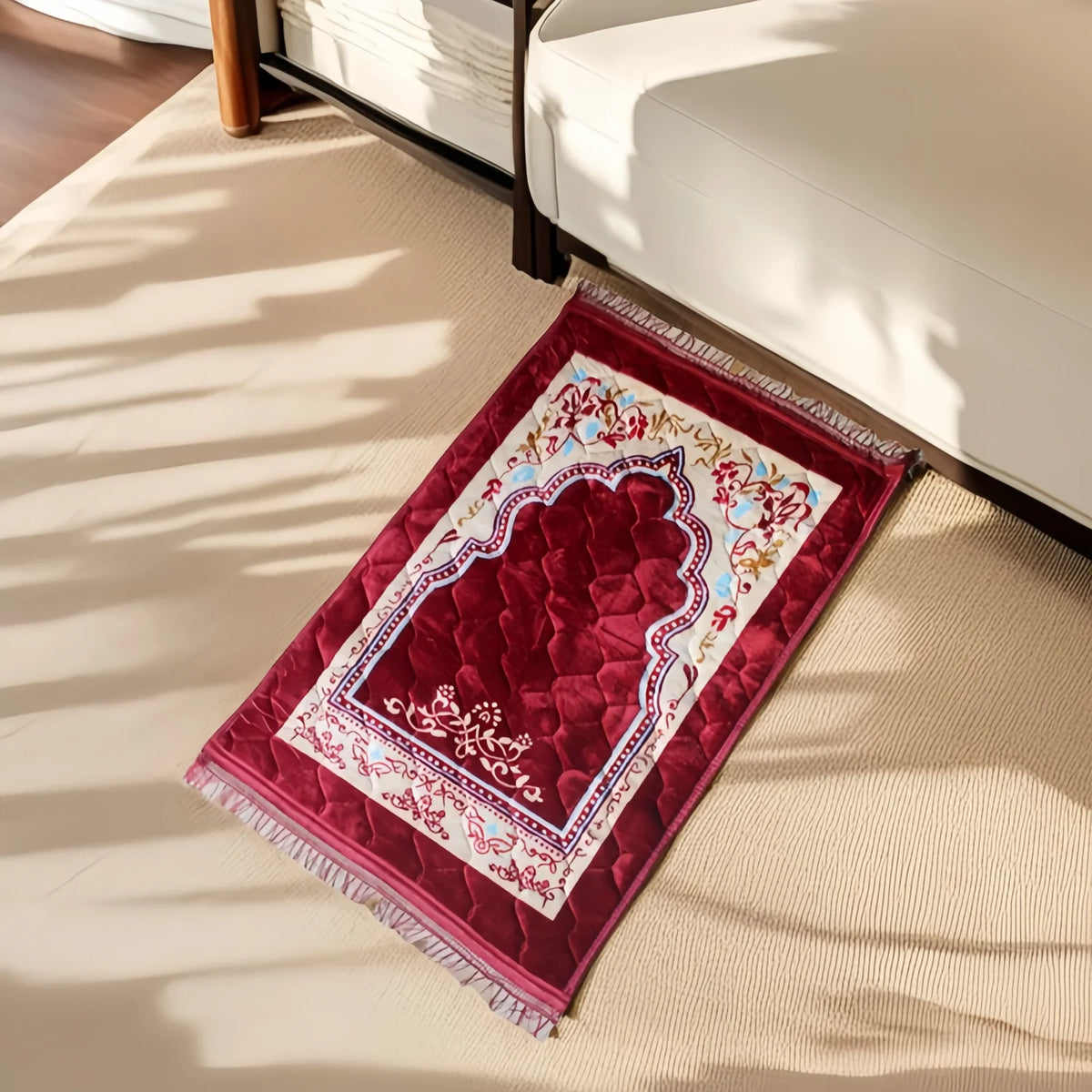 tapis prière musulman fleur coton flocage antidérapant bleu vert rouge ornements bordure classique 120cm