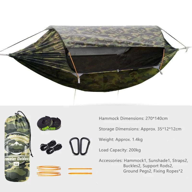 hamac extérieur adulte vert olive noir moderne moustiquaire sac rangement cordon suspension tiges support