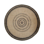 serviettes table boho chic beige noir motifs géométriques franges tissu lin opaques rondes
