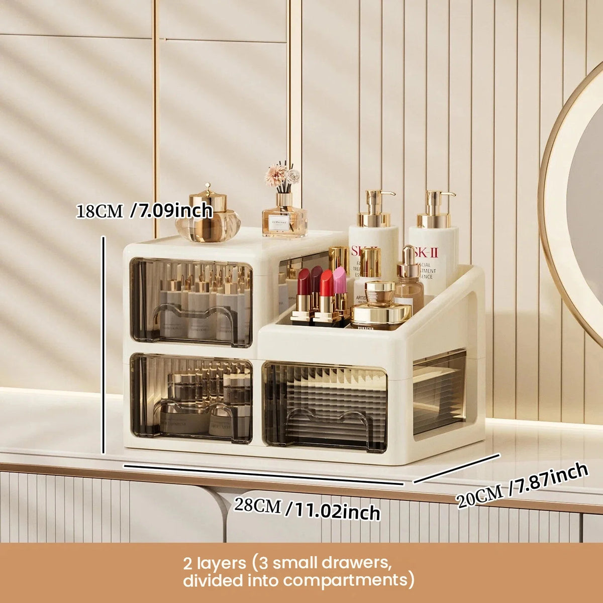 boîte rangement cosmétiques tiroirs compartiments moderne beige clair pliables PP haute qualité étagères bijoux