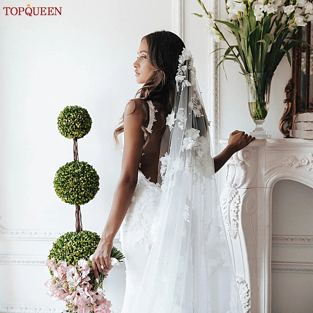 voile mariée blanc fleurs classique romantique soirée mariage bride long translucide peigne clips