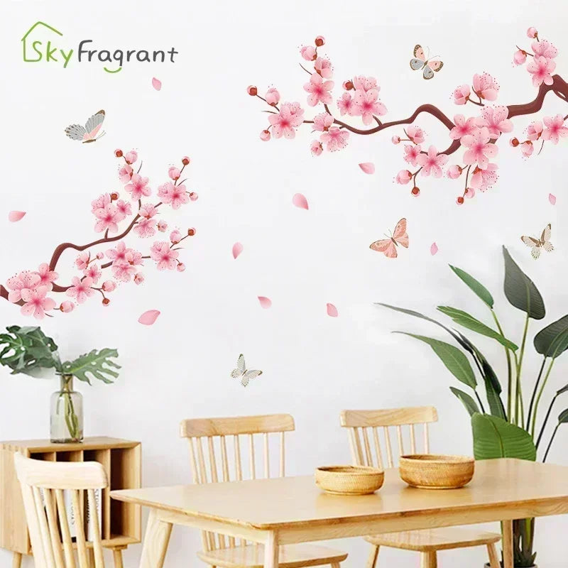 sticker mural fleurs cerisier papillons rose brun blanc adhésif moderne naturel decoration mur chambre