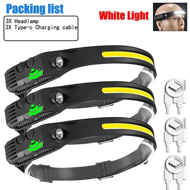 lampe frontale rechargeable led ipx4 camping pêche ceinture ajustable sensor switch noir jaune