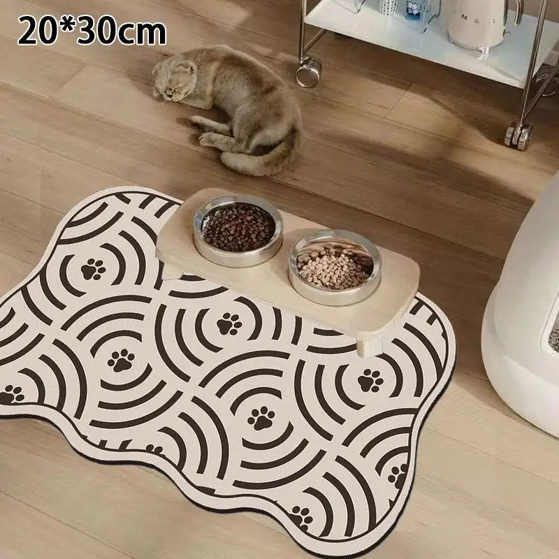 tapis nourrir animal blanc gris motif géométrique moderne anti dérapant deux bols métal