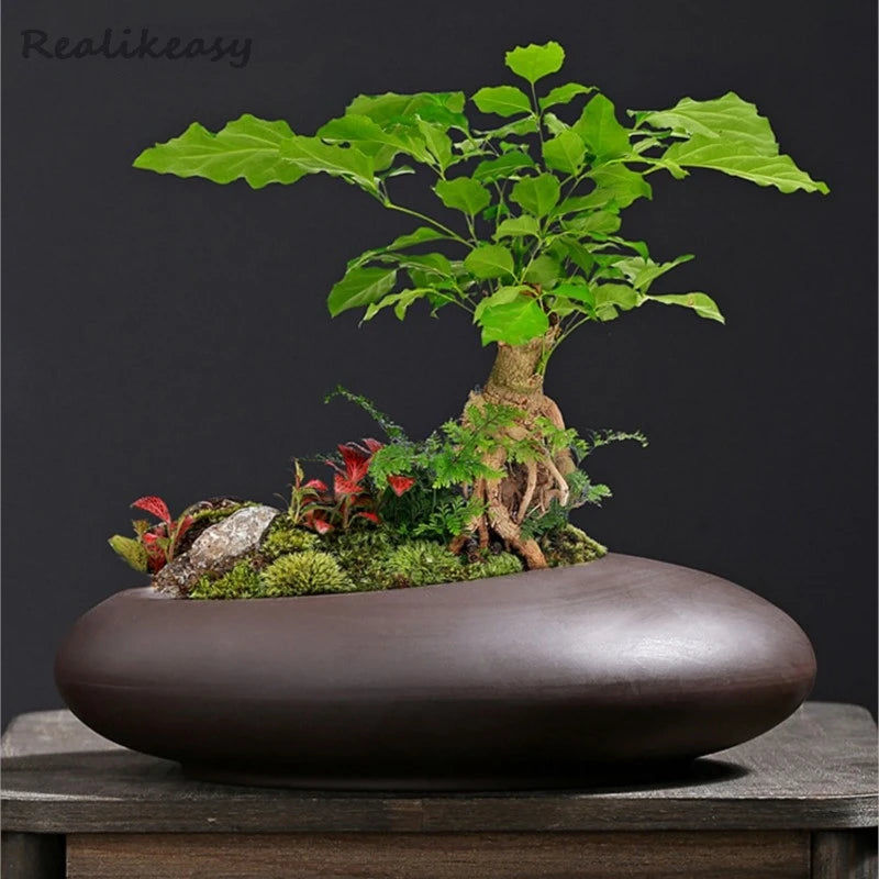 Pot bonsaï porcelaine marron foncé minimaliste gravier support bois 19.6x13.5x5.5cm