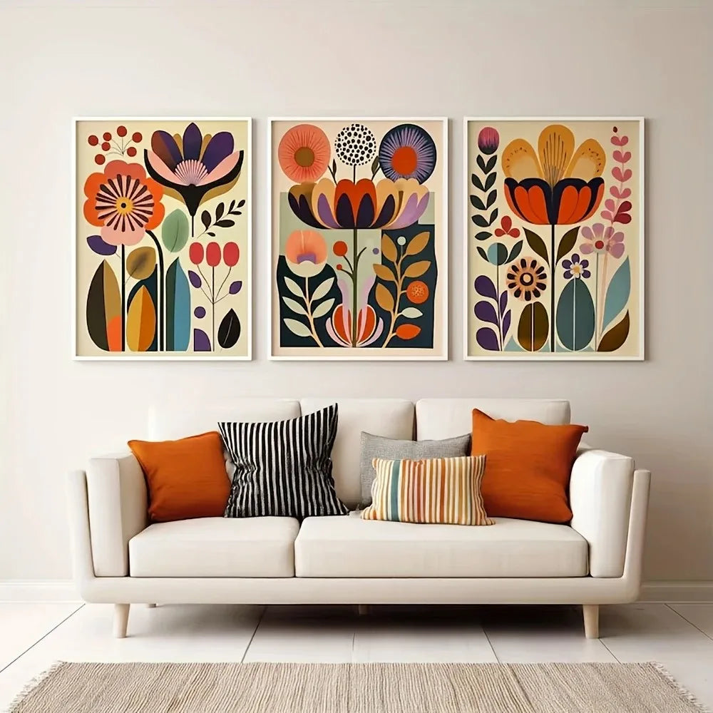 toiles d'art moderne abstraites motifs floraux bohèmes couleur chaleur salon decoration chanteur cadres bois