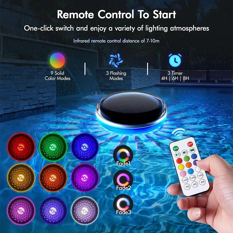 éclairage flottant piscine led noir argenté couleurs modes télécommande ipx7