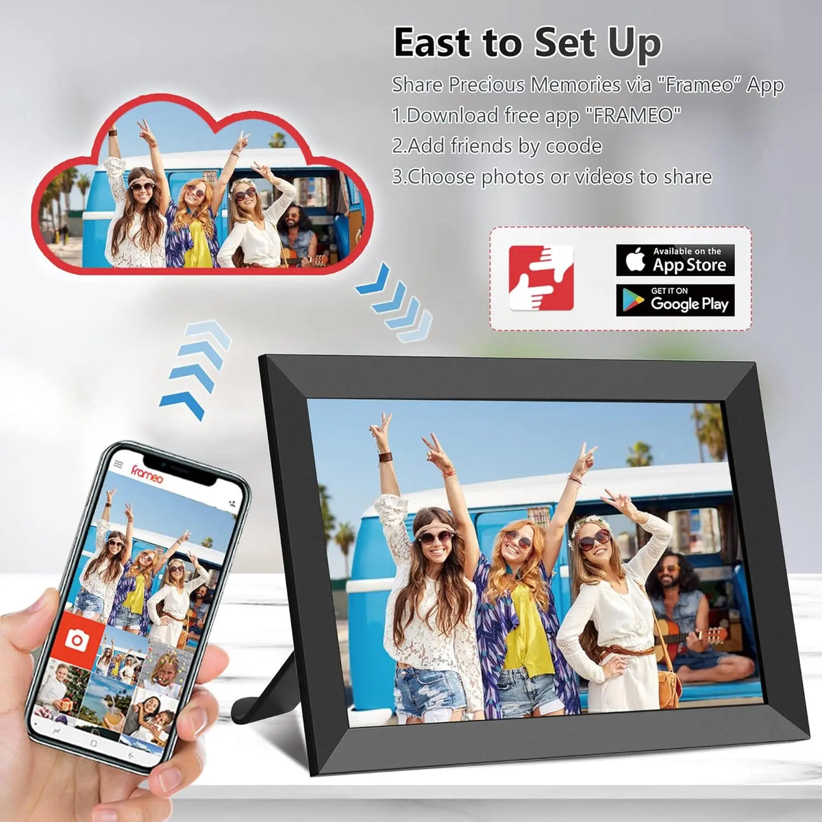 cadre photo numerique noir 10.1 pouces wifi sd carte memoire 32go touchscreen moderne