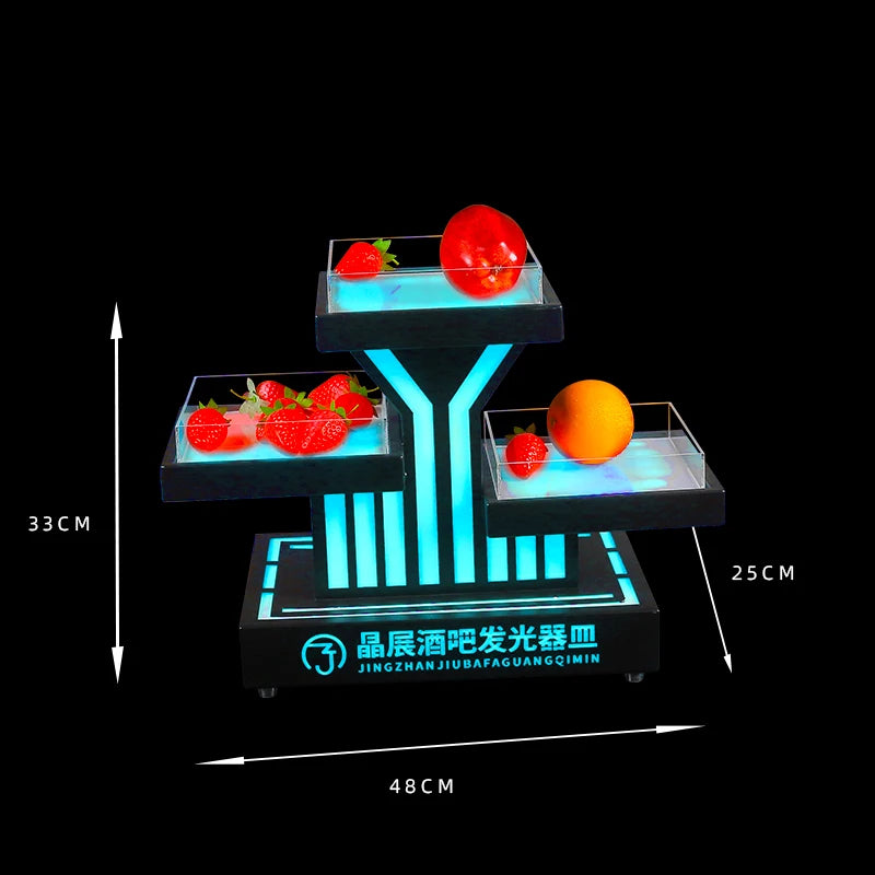 support fruits moderne plateau lumineux noir rouge rayures transparents leds rechargeables