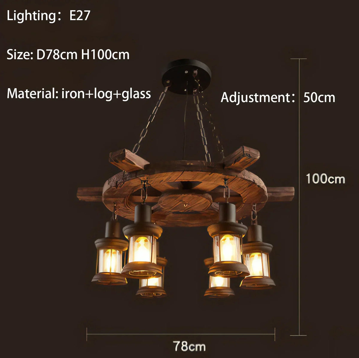 Suspension lumineuse industrielle marron doré verre translucide ampoules métal bois vintage