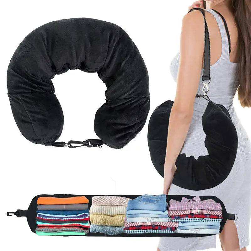 oreiller voyage confortable velours noir ajustement cou poche rangement portable solide