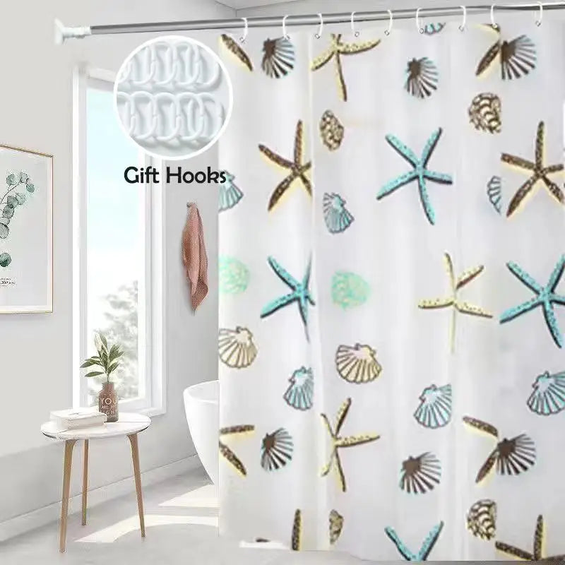 rideau douche moderne géométrique étoiles mer coquillages motifs colorés opaques légèrement transparents