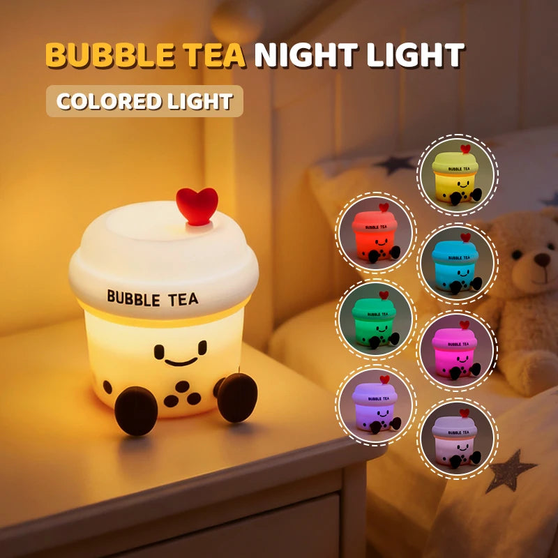 veilleuse nuit tasse sourire coeurs bulles bubble tea cartoon mignonne lampe table tactile