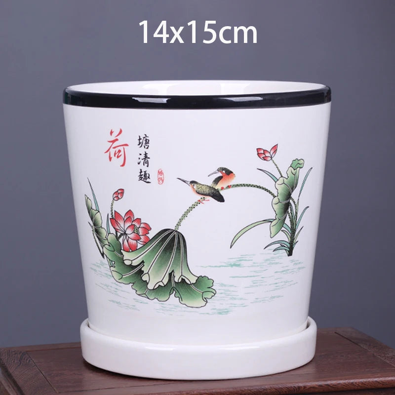 vase decoratif art traditionnel chinois cache pot fleurs oiseaux calligraphie chinoise blanc rouge vert