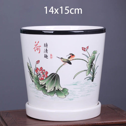 vase decoratif art traditionnel chinois cache pot fleurs oiseaux calligraphie chinoise blanc rouge vert