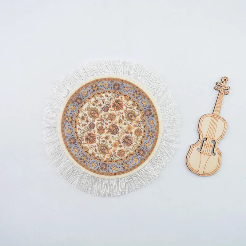 serviettes table multicolores mandala franges blanches ethnique boho chic violon miniature bois