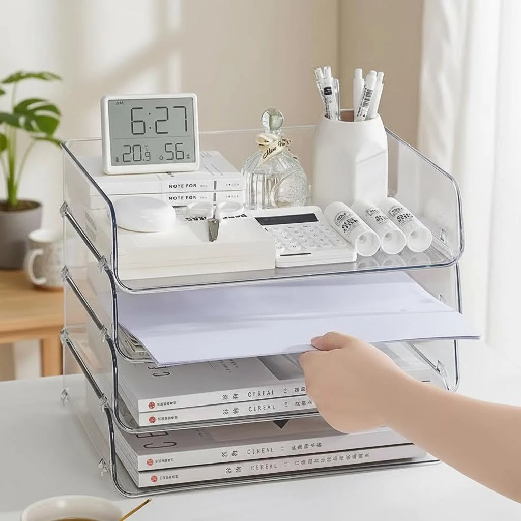organisateur transparent moderne clips rangement papeterie livres carnets calculatrice horloge pot stylos tasse