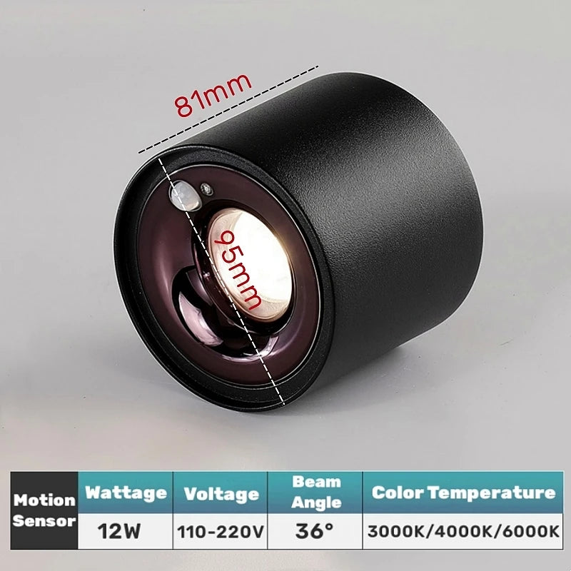 Spot lumineux moderne LED 12W blanc noir anti éblouissement détecteur mouvement 3000K 4000K 6000K