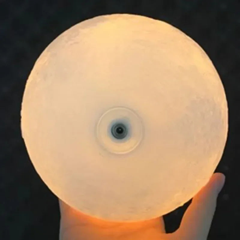 lampe lune moderne décoration chambre bois cratères texturée LED blanc orangé