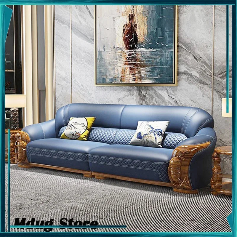 canapé bleu cuir classique ornements bois coussins décoratifs salon moderne chinese