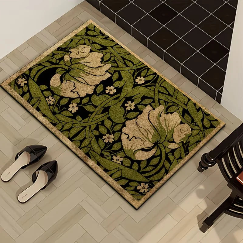 tapis moderne fleurs stylisées anti dérapant vert beige noir salon salle bain