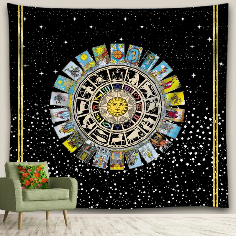 tapisserie zodiaque tarot astrologique noir doré classique chambre décoration muristique bohème