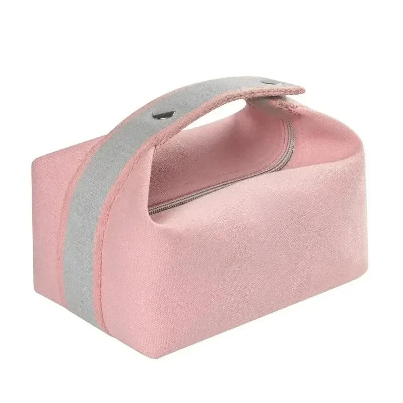 sac cosmétique toile orange blanc rose bleu marine velours voyage zippé poignée amovible moderne