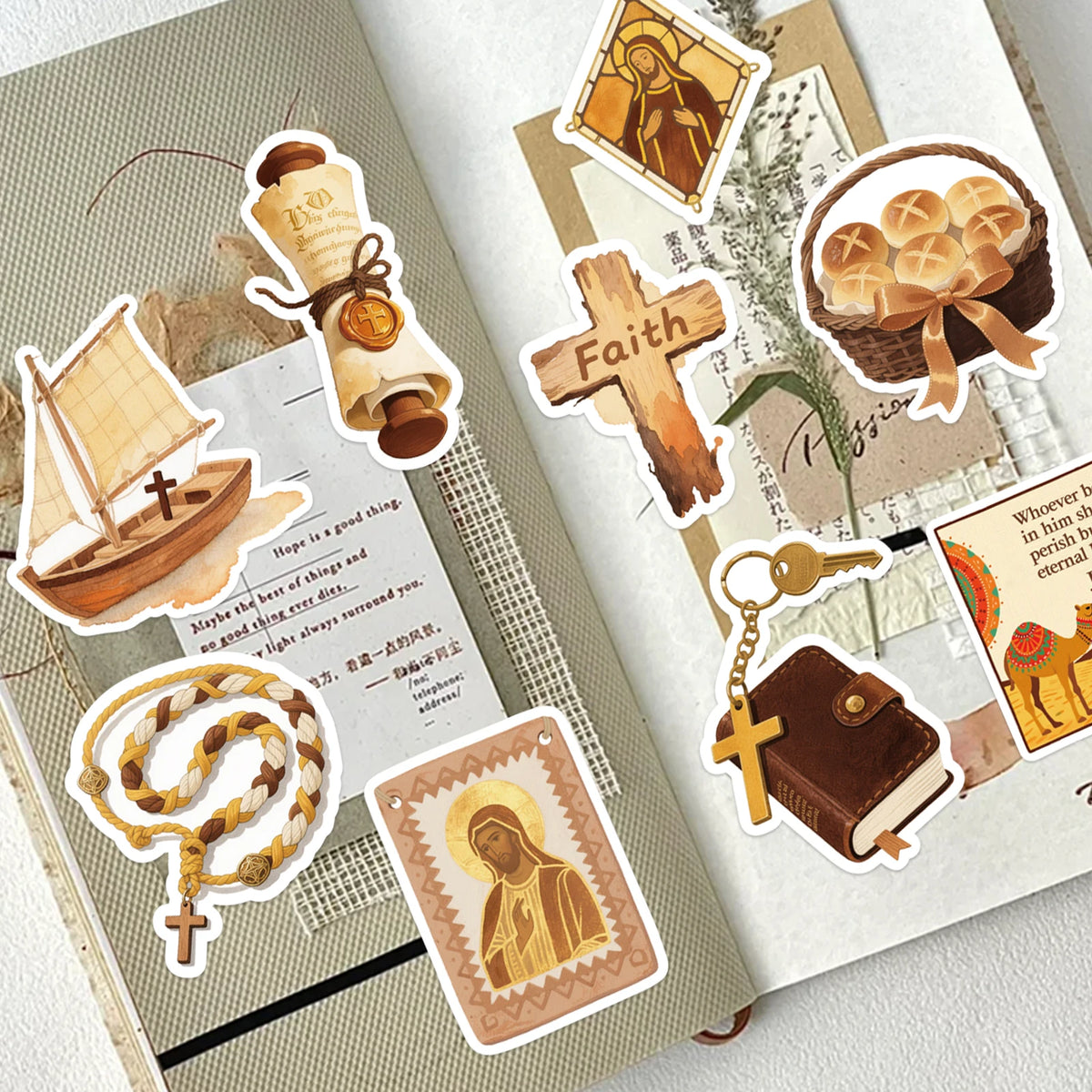 autocollants jésus illustration vintage 50 pièces beige marron doré motifs religieux