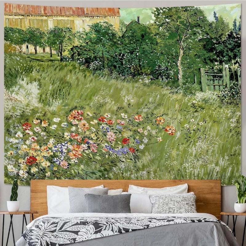 tapisserie murale paysage champêtre fleurs arbres maison verte polyester rectangle vintage