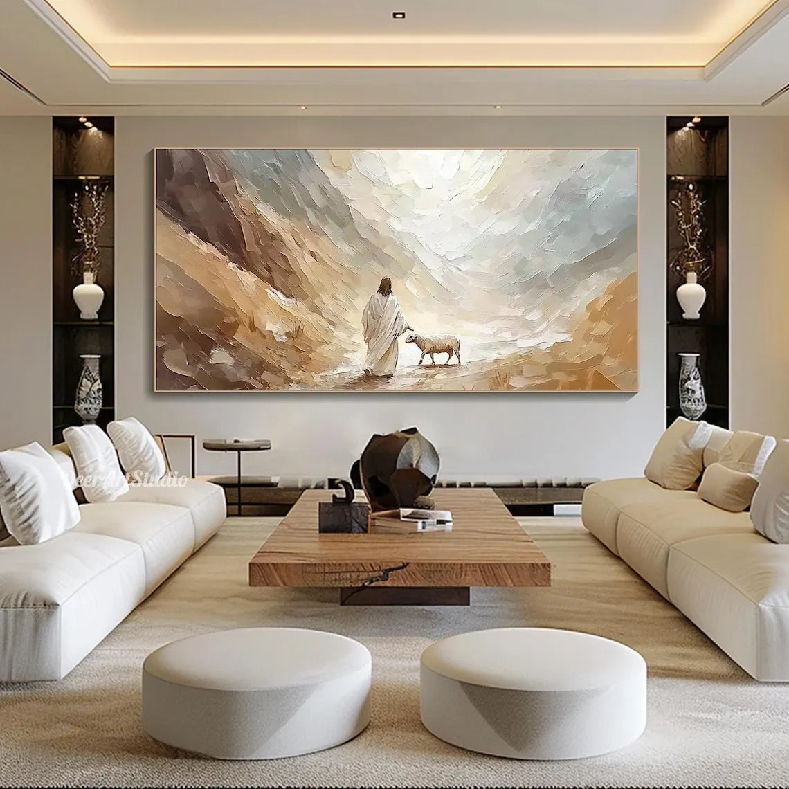 tableau moderne paysage abstrait nuages montagnes beige marron gris blanc sans cadre toile impression