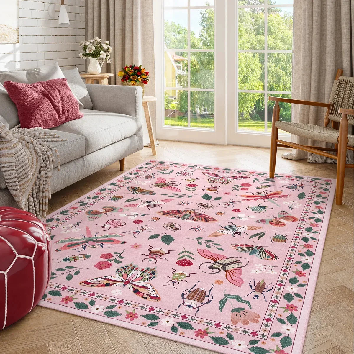 tapis intérieur extérieur rose clair motif papillon fleurs vintage lavable chambre salon décoration moderne