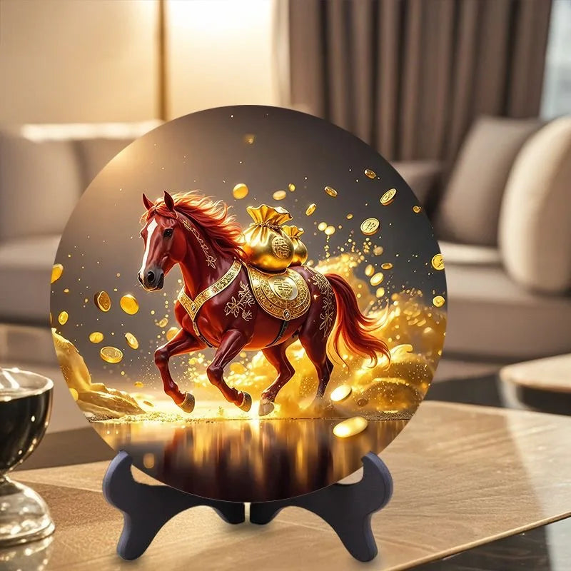 décoration plaque cheval rouge doré fond noir scintillements support pieds salon