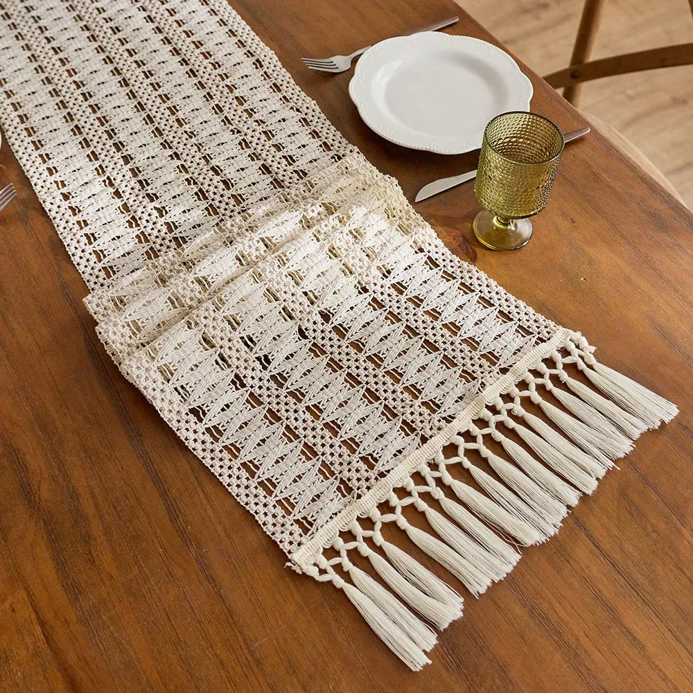 chemin table bohème rustique tressé beige franges décoration maison hiver noël automne été mariage
