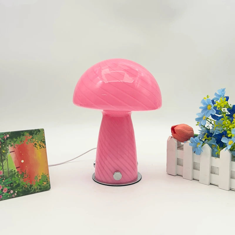lampe led forme champignon rayées moderne rose jaune base plate interrupteur câble alimentation