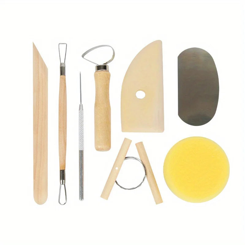 outils céramique sculpture argile spatule bois couteau pince tampon jaune tiges anneau métal