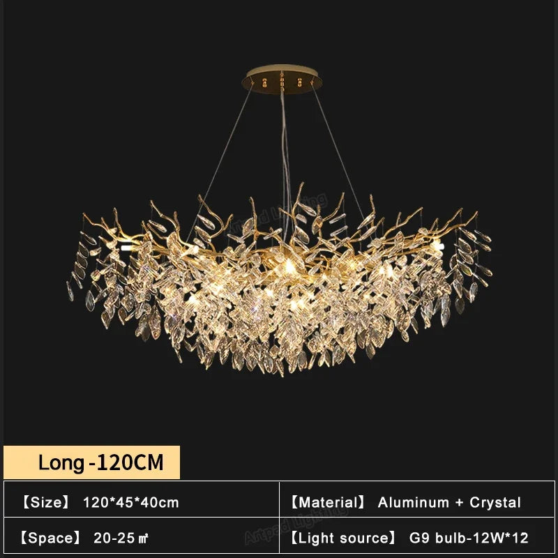 Suspension lumineuse contemporaine transparente dorée branches feuilles LED 100cm