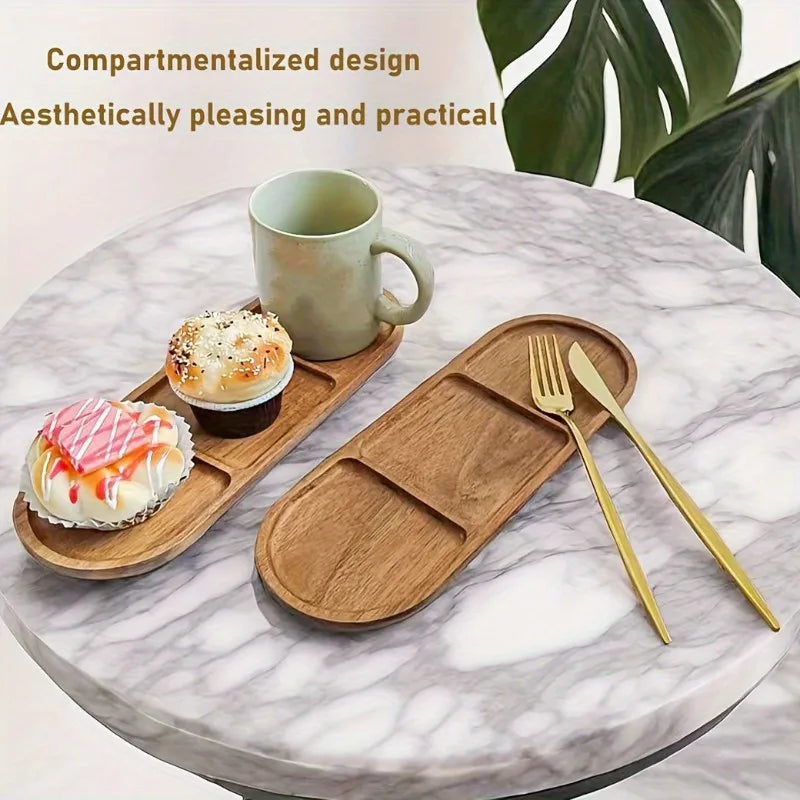 assiettes compartimentees bois naturel grain moderne service ordonne fourchettes dorées table petit dejeuner sophistication
