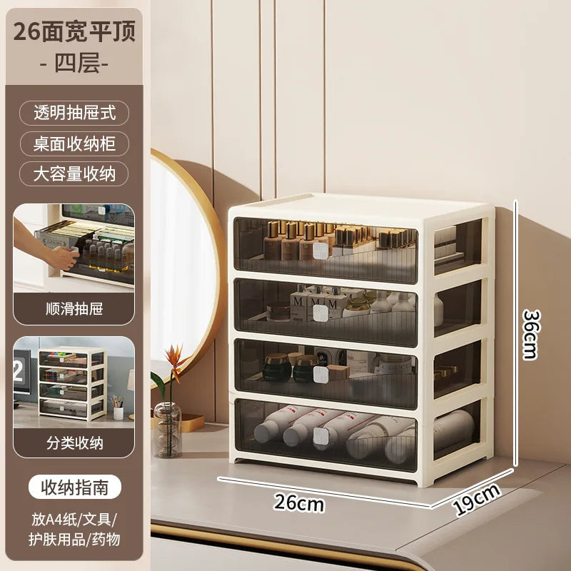 boîte rangement tiroirs transparents moderne beige clair compartiments organisation maison maquillage documents A4
