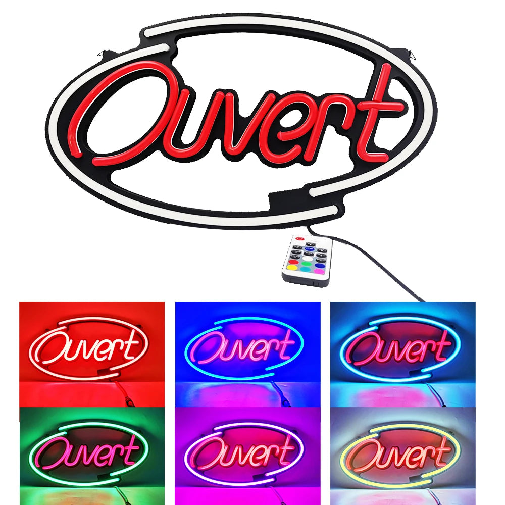 enseigne lumineuse ouverte néon rouge texte ouvert décoration intérieure télécommande adaptable