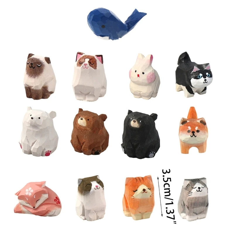 statue animale bois figurine bleu rose motif floral minimaliste yeux stylisés petite deco
