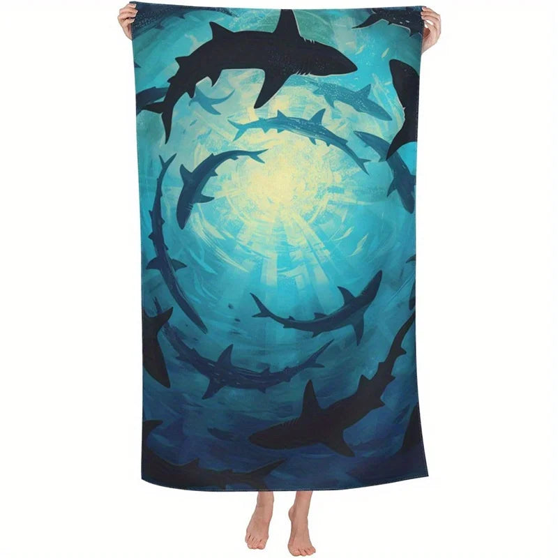 serviette plage motif requin moderne bleu noir abstraite sèchage rapide polyester large